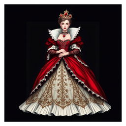 A beautiful depiction of the Queen of Hearts wearing a stunning, elegant dress