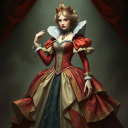 A beautiful depiction of the Queen of Hearts wearing a stunning, elegant dress