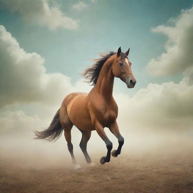 A surreal image where the central figure is a horse, set against a whimsical dream-like background that blurs the line between fantasy and reality