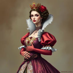 A beautiful depiction of the Queen of Hearts wearing a stunning, elegant dress