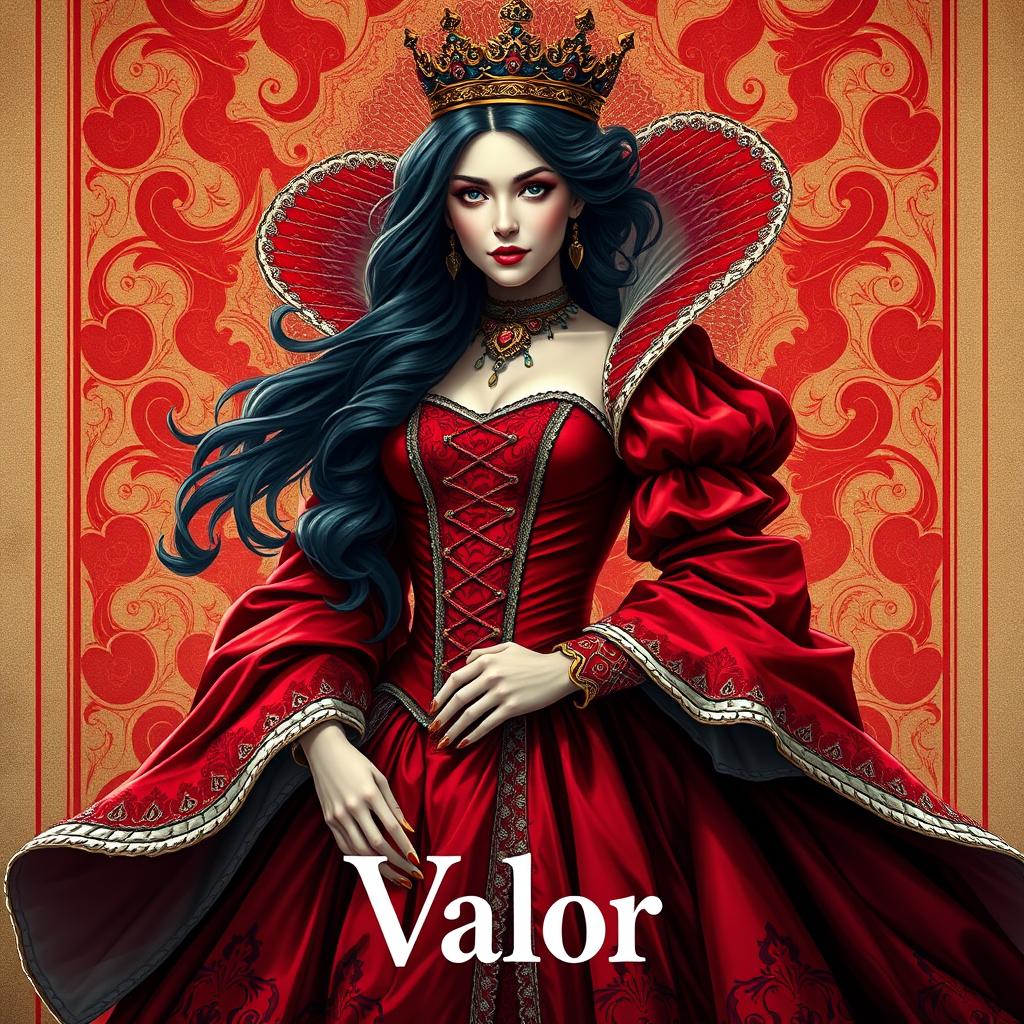 A stunning depiction of the Queen of Hearts wearing a magnificent red dress