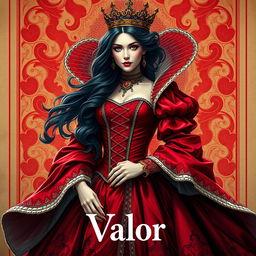 A stunning depiction of the Queen of Hearts wearing a magnificent red dress