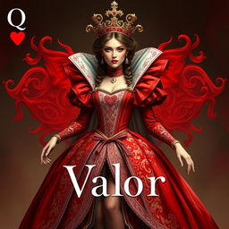 A stunning depiction of the Queen of Hearts wearing a magnificent red dress