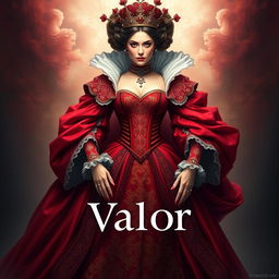 A stunning depiction of the Queen of Hearts wearing a magnificent red dress