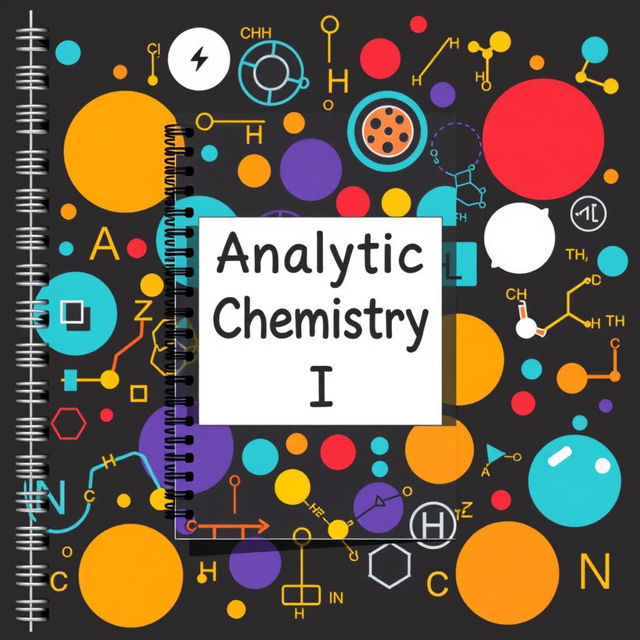 A colorful notebook cover with the theme 'Analytical Chemistry I' prominently displayed