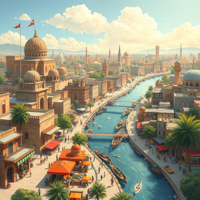 A detailed and vibrant illustration of Baghdad city, showcasing its historic architecture, bustling markets, and the Tigris River flowing through