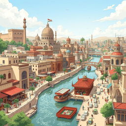 A detailed and vibrant illustration of Baghdad city, showcasing its historic architecture, bustling markets, and the Tigris River flowing through