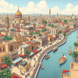 A detailed and vibrant illustration of Baghdad city, showcasing its historic architecture, bustling markets, and the Tigris River flowing through