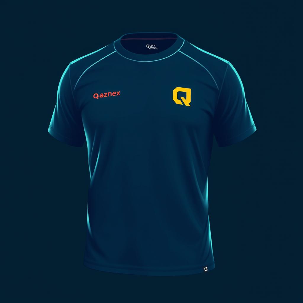 A T-shirt design featuring a small letter Q and the inscription 'QazNex' at chest level on the left