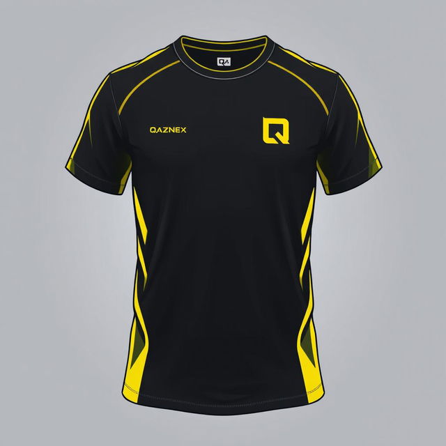 A T-shirt design featuring a small letter Q and the inscription 'QazNex' at chest level on the left