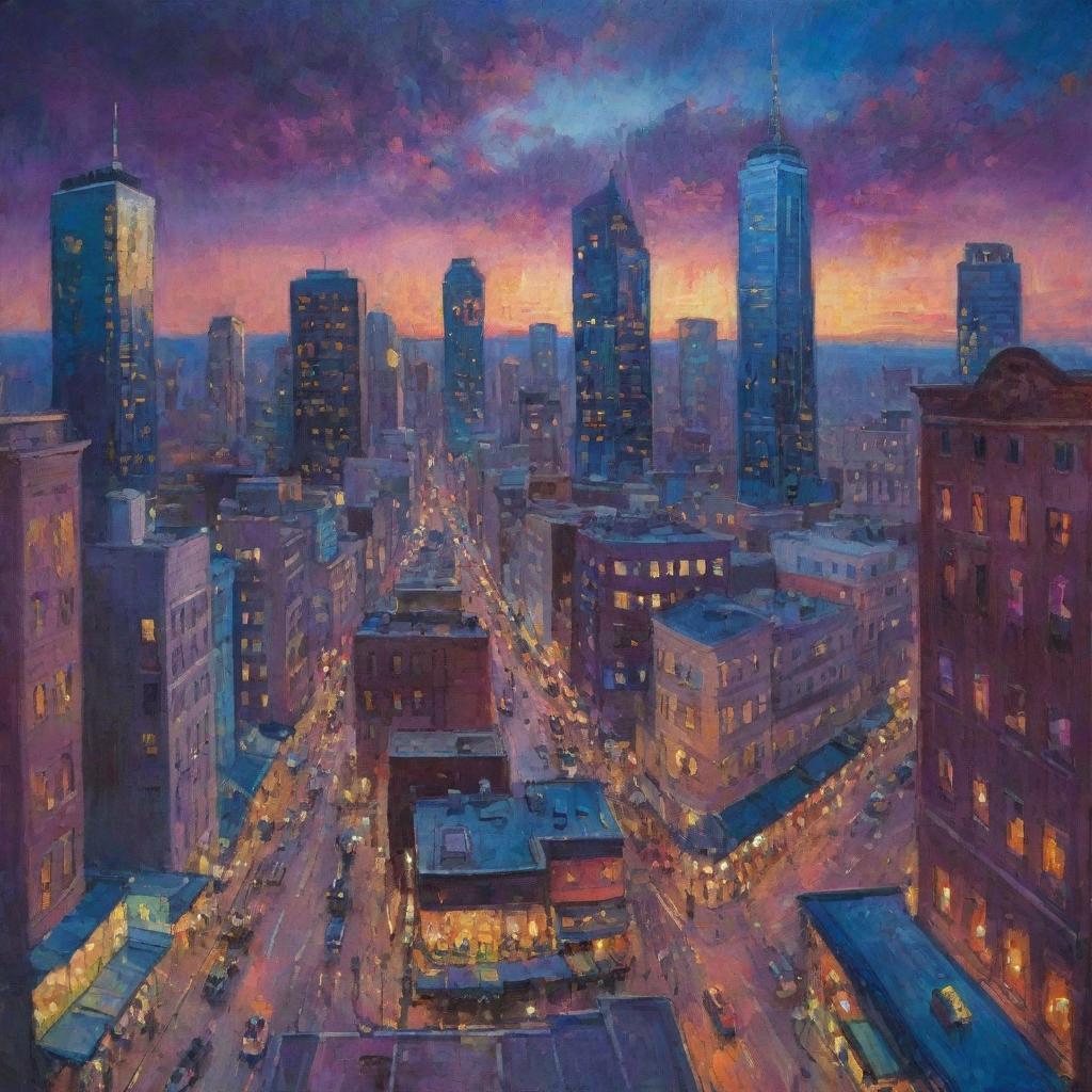 A vibrant, detailed painting of a bustling cityscape at dusk, capturing the rich blues and purples of the evening sky contrasting with the warm glow of city lights