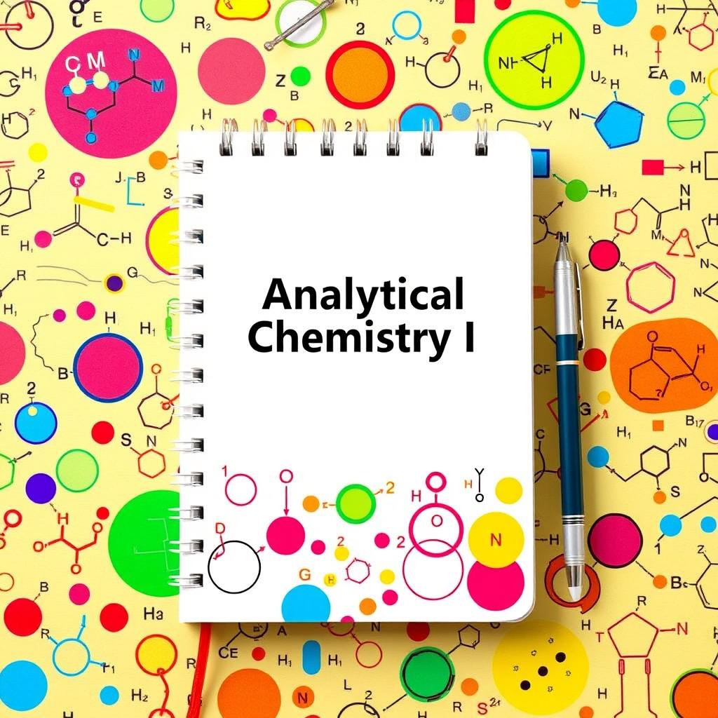 A colorful notebook cover with a white background and the theme 'Analytical Chemistry I' prominently displayed