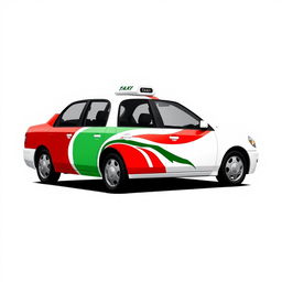 Create an image of a white taxi with a unique design featuring a mix of three colors: red, green, and black