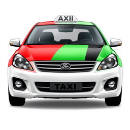 Create an image of a white taxi with a unique design featuring a mix of three colors: red, green, and black