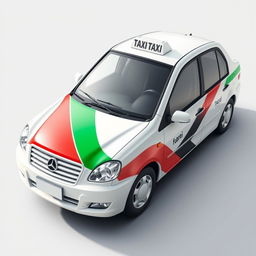 Create an image of a white taxi with a unique design featuring a mix of three colors: red, green, and black