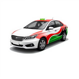 Create an image of a white taxi with a unique design featuring a mix of three colors: red, green, and black