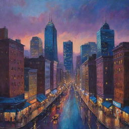 A vibrant, detailed painting of a bustling cityscape at dusk, capturing the rich blues and purples of the evening sky contrasting with the warm glow of city lights