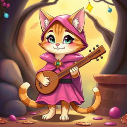 A whimsical illustration of a female cat character who is a bard, wearing a pink cape