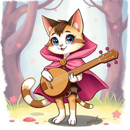 A whimsical illustration of a female cat character who is a bard, wearing a pink cape