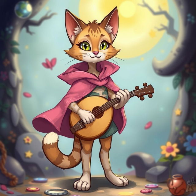 A whimsical illustration of a female cat character who is a bard, wearing a pink cape