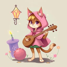 A whimsical illustration of a female cat character who is a bard, wearing a pink cape