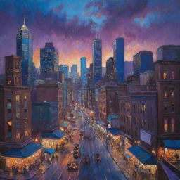 A vibrant, detailed painting of a bustling cityscape at dusk, capturing the rich blues and purples of the evening sky contrasting with the warm glow of city lights