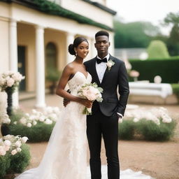 A young man with a slim body, having a skin tone that is neither black nor white, wearing a black groom's suit