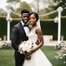 A young man with a slim body, having a skin tone that is neither black nor white, wearing a black groom's suit