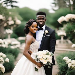 A young man with a slim body, having a skin tone that is neither black nor white, wearing a black groom's suit