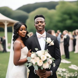 A young man with a slim body, having a skin tone that is neither black nor white, wearing a black groom's suit