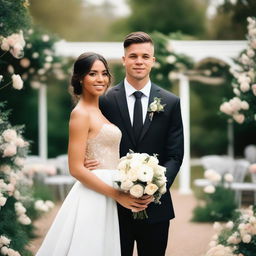 A young man with a slim body, wearing a black groom's suit, holding his bride in a wedding dress in his arms, and looking directly at the camera