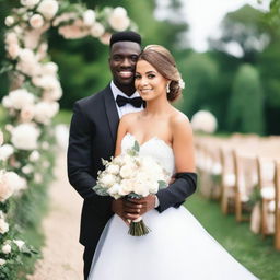 A young man with a slim body, wearing a black groom's suit, holding his bride in a wedding dress in his arms, and looking directly at the camera