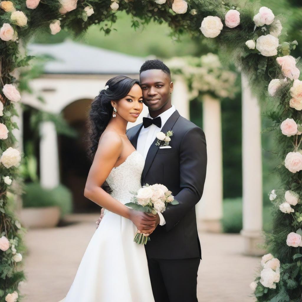 A young man with a slim body, wearing a black groom's suit, holding his bride in a wedding dress in his arms, and looking directly at the camera