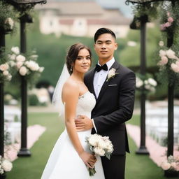 A young man with a slim body, wearing a black groom's suit, holding his bride in a wedding dress in his arms, and looking directly at the camera