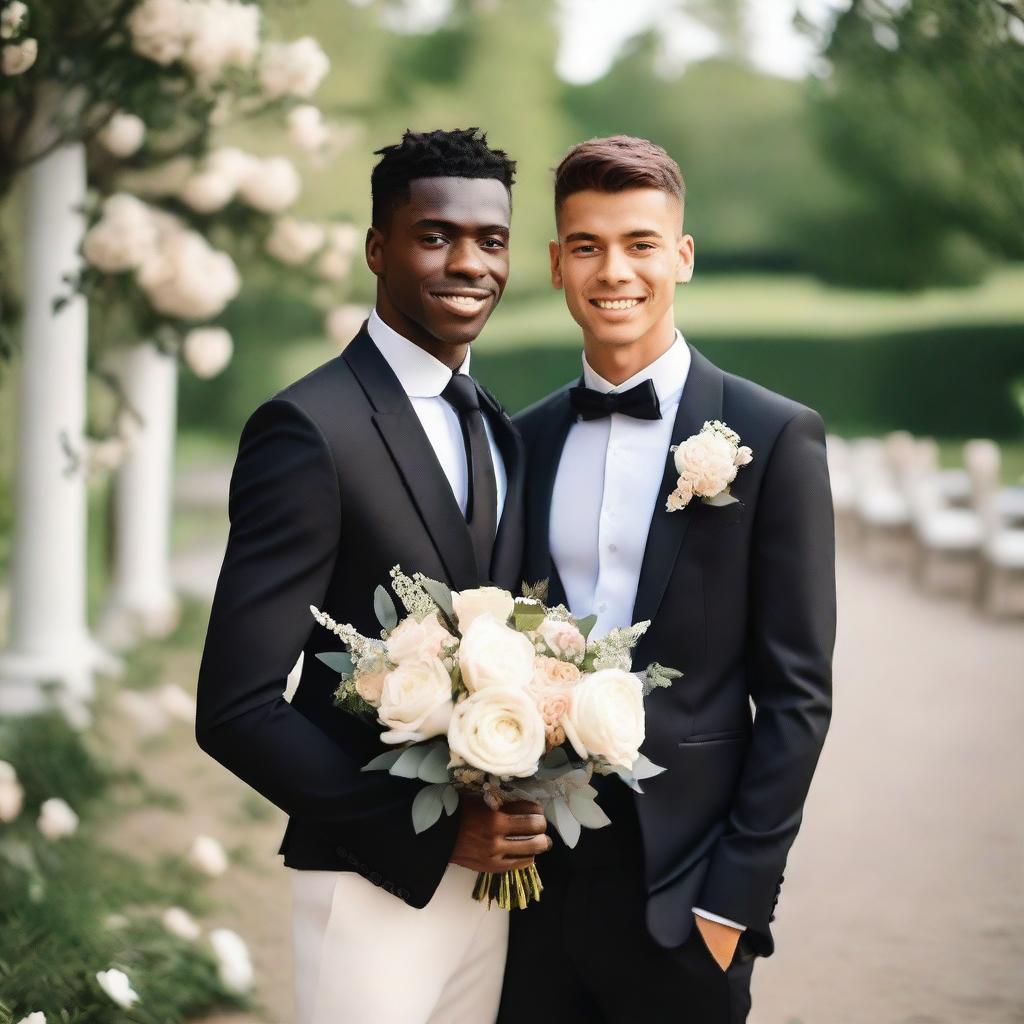 A young man with a slim body, wearing a black groom's suit, holding his bride in a wedding dress in his arms, and looking directly at the camera