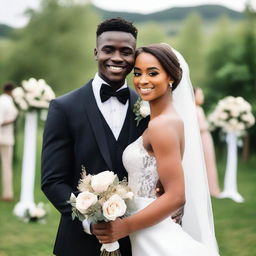 A young man with a slim body, wearing a black groom's suit, holding his bride in a wedding dress in his arms, and looking directly at the camera