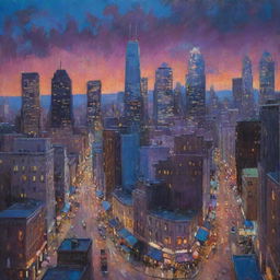 A vibrant, detailed painting of a bustling cityscape at dusk, capturing the rich blues and purples of the evening sky contrasting with the warm glow of city lights