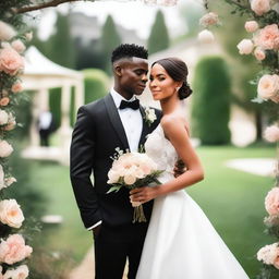 A young man with a slim body, wearing a black groom's suit, holding his bride in a wedding dress in his arms, and looking directly at the camera