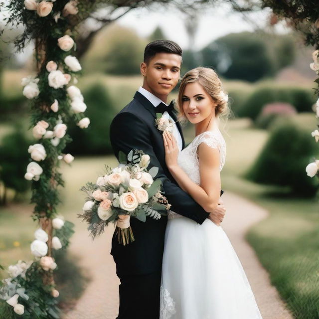 A young man with a slim body, wearing a black groom's suit, holding his bride in a wedding dress in his arms, and looking directly at the camera