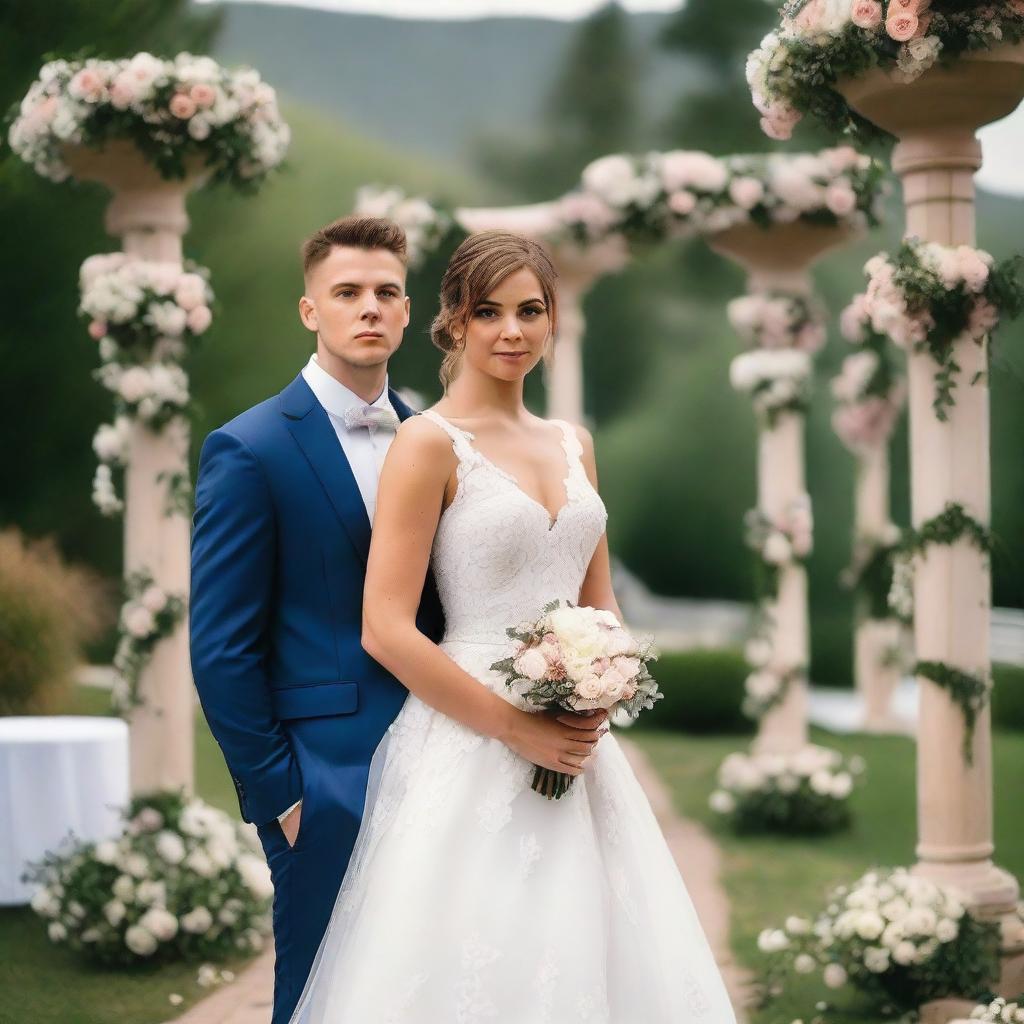 A young man with a slim body, wearing a groom's suit, holding his bride in a wedding dress in his arms, and looking directly at the camera