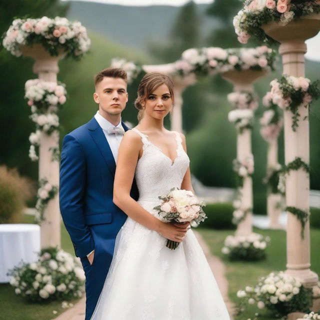 A young man with a slim body, wearing a groom's suit, holding his bride in a wedding dress in his arms, and looking directly at the camera