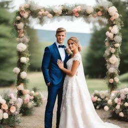 A young man with a slim body, wearing a groom's suit, holding his bride in a wedding dress in his arms, and looking directly at the camera