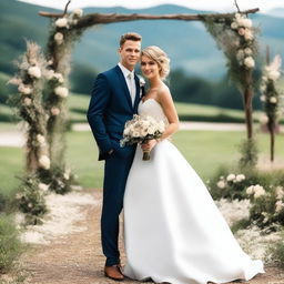 A young man with a slim body, wearing a groom's suit, holding his bride in a wedding dress in his arms, and looking directly at the camera