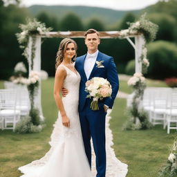 A young man with a slim body, wearing a groom's suit, holding his bride in a wedding dress in his arms, and looking directly at the camera