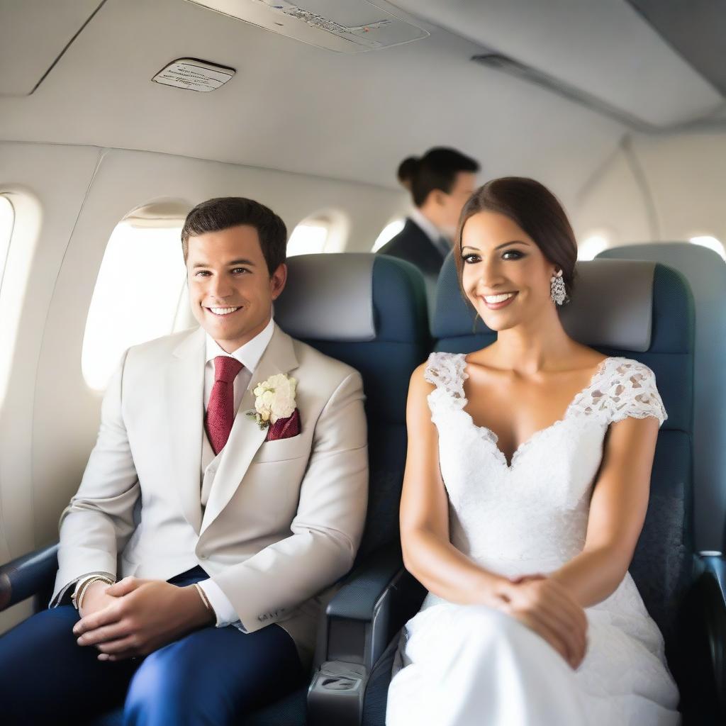 A groom and a bride are seated in the seats of a plane, looking directly at the camera