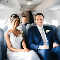 A groom and a bride are seated in the seats of a plane, looking directly at the camera