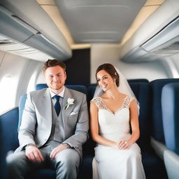 A groom and a bride are seated in the seats of a plane, looking directly at the camera