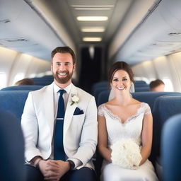 A groom and a bride are seated in the seats of a plane, looking directly at the camera