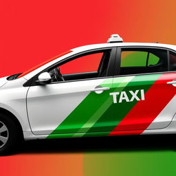 Create an image of a white taxi with a mix of three colors: red, green, and black