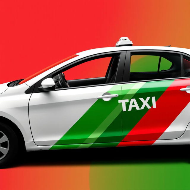 Create an image of a white taxi with a mix of three colors: red, green, and black